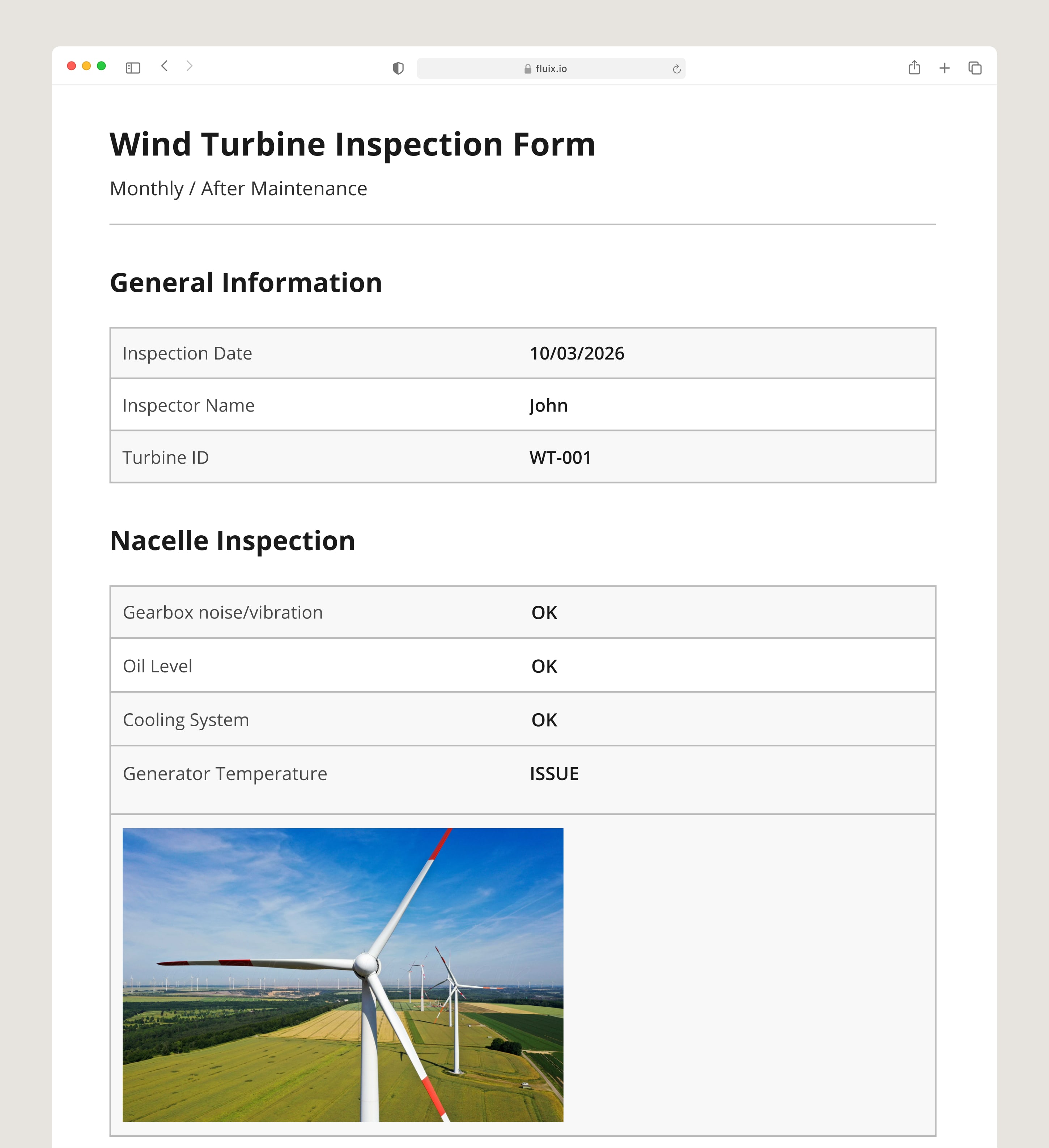 Completed Wind Turbine Inspection Form