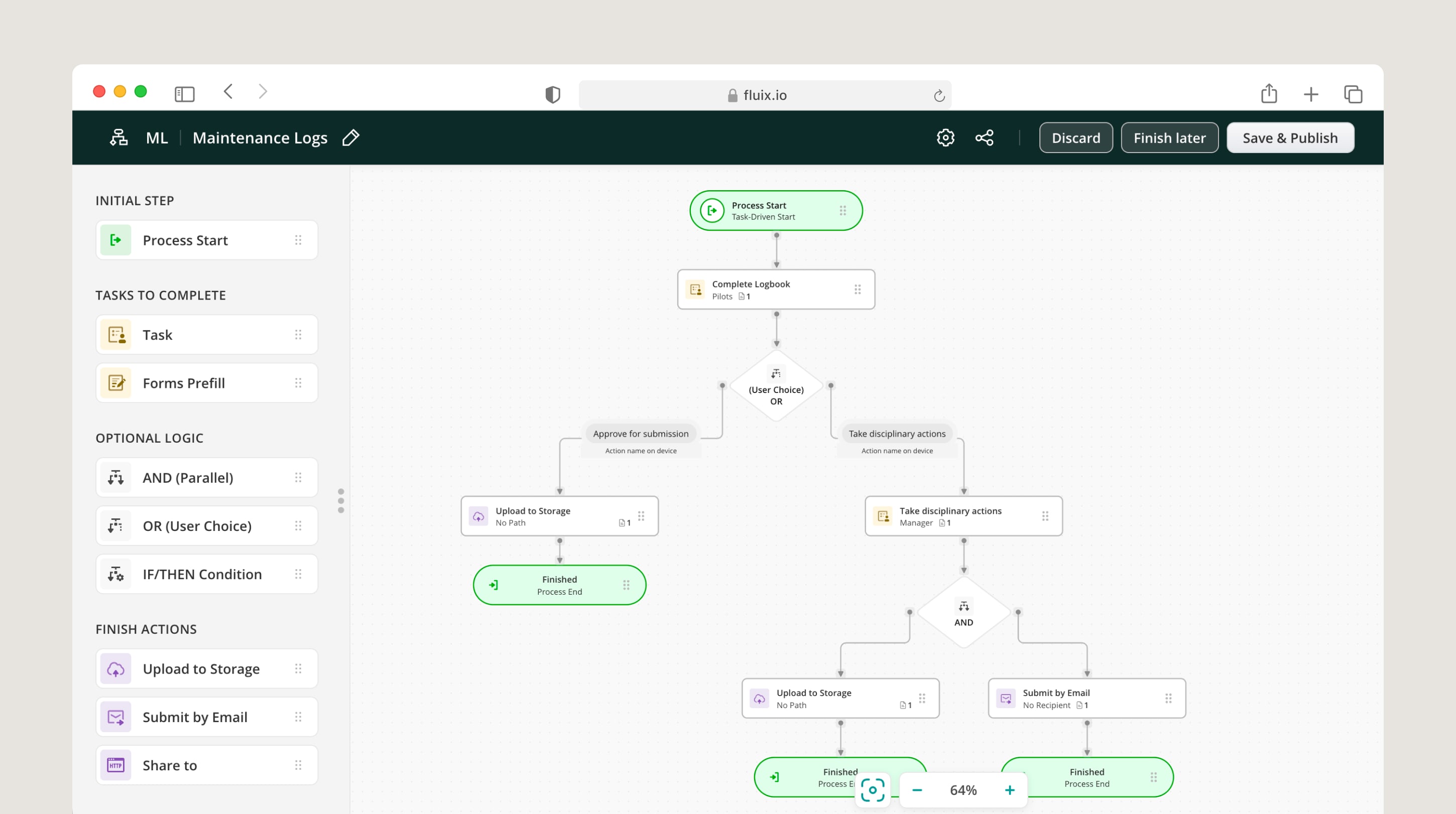 A Maintenance Logs process with a visual flowchart:
