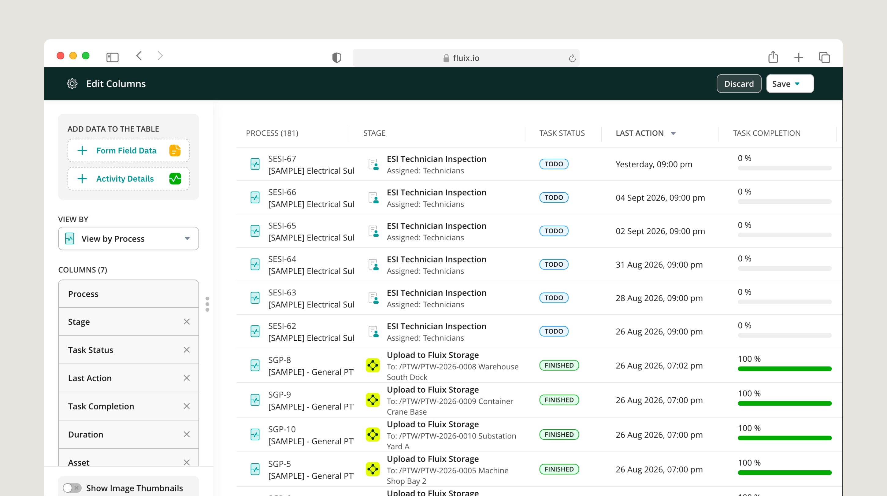 Reports dashboard showing a customisable table of inspection processes