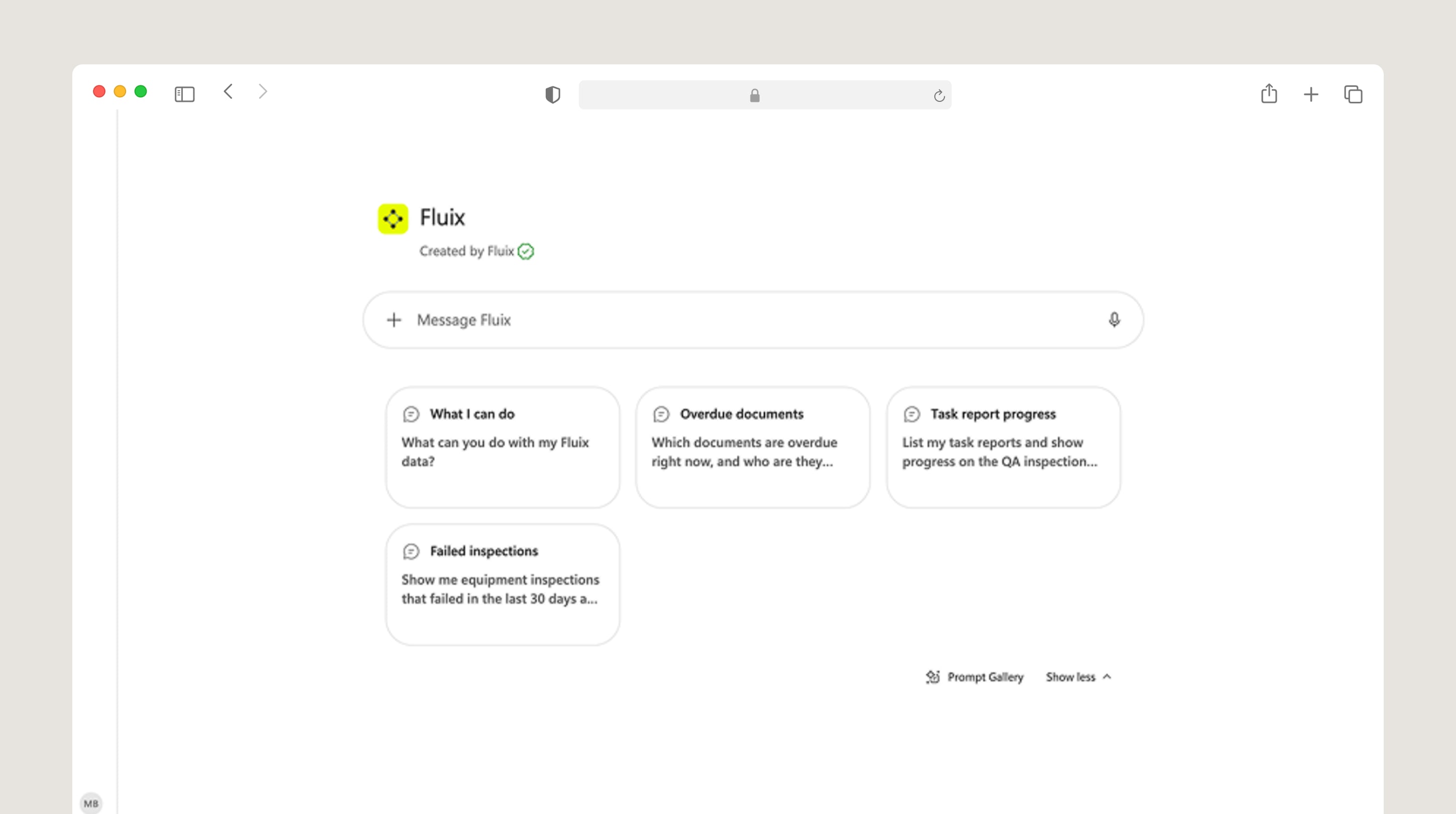 AI assistant interface showing four suggested prompts