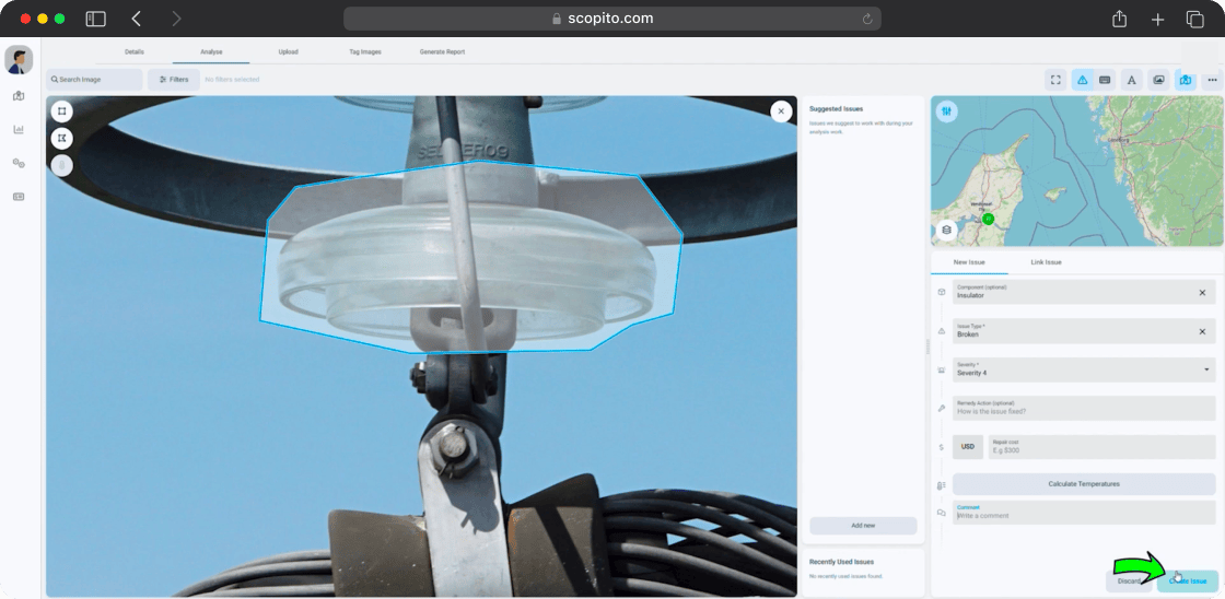 Scopito inspection analysis interface showing a close-up drone image of a broken insulator component