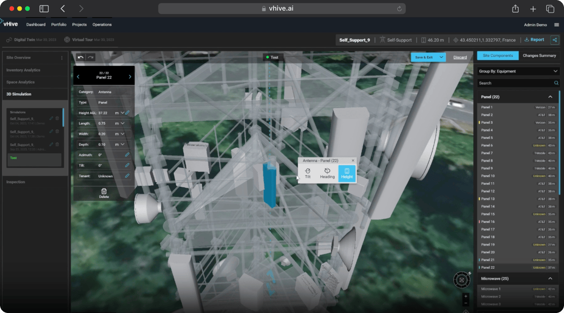 vHive platform showing a 3D simulation view of a self-support tower structure