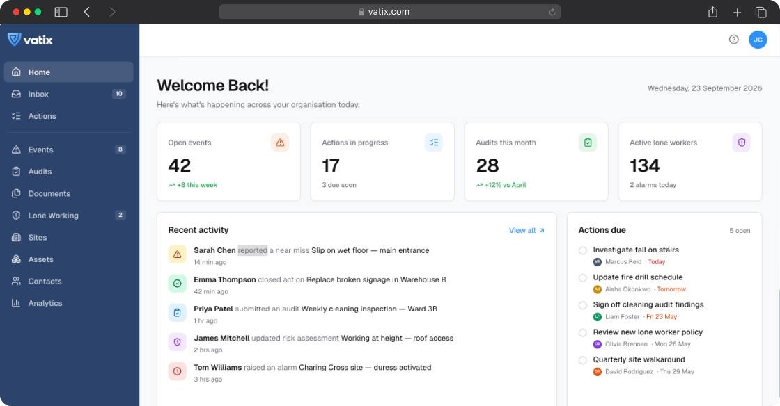 Vatix safety platform showing near home page interface