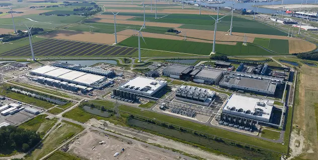 Bird's eye view of a wind farm.
