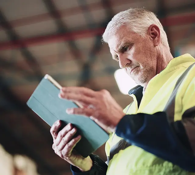 A safety inspector in a hangar holds a green tablet in his hands.