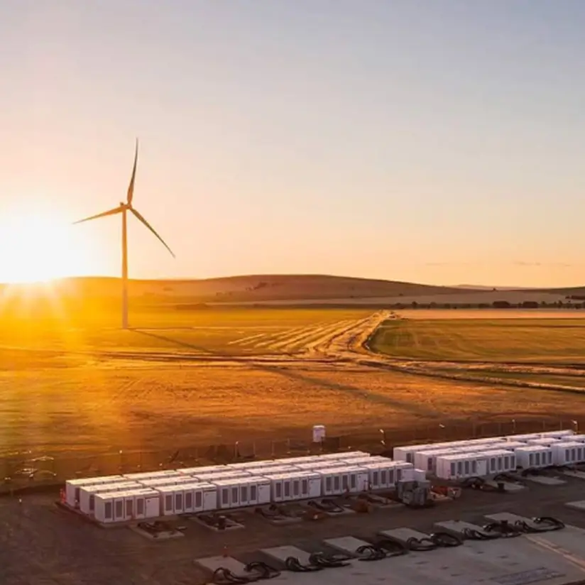 A wind turbine next to switchgear against the backdrop of a sunset.