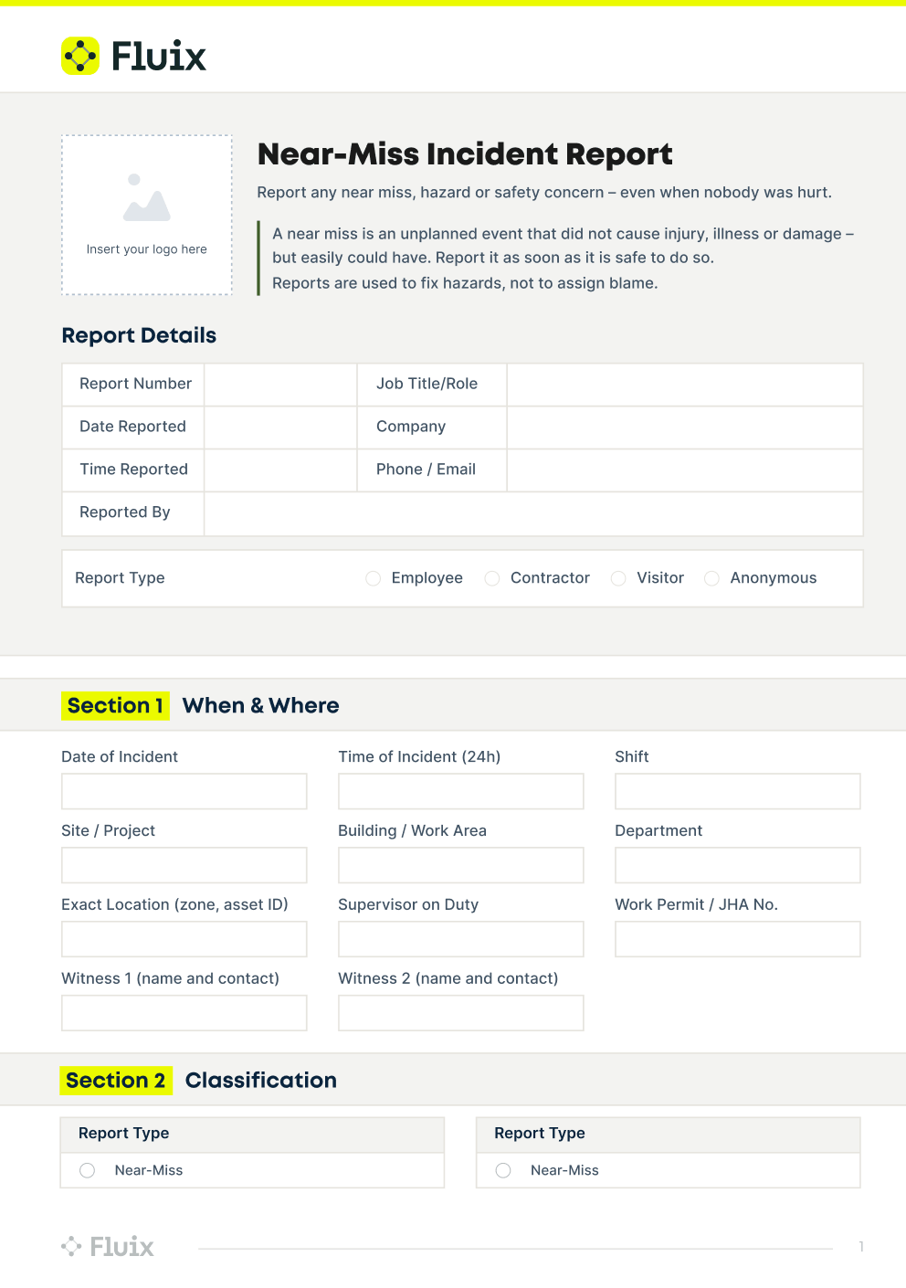 Near-Miss Incident Report checklist made in the Fluix App, Page 1