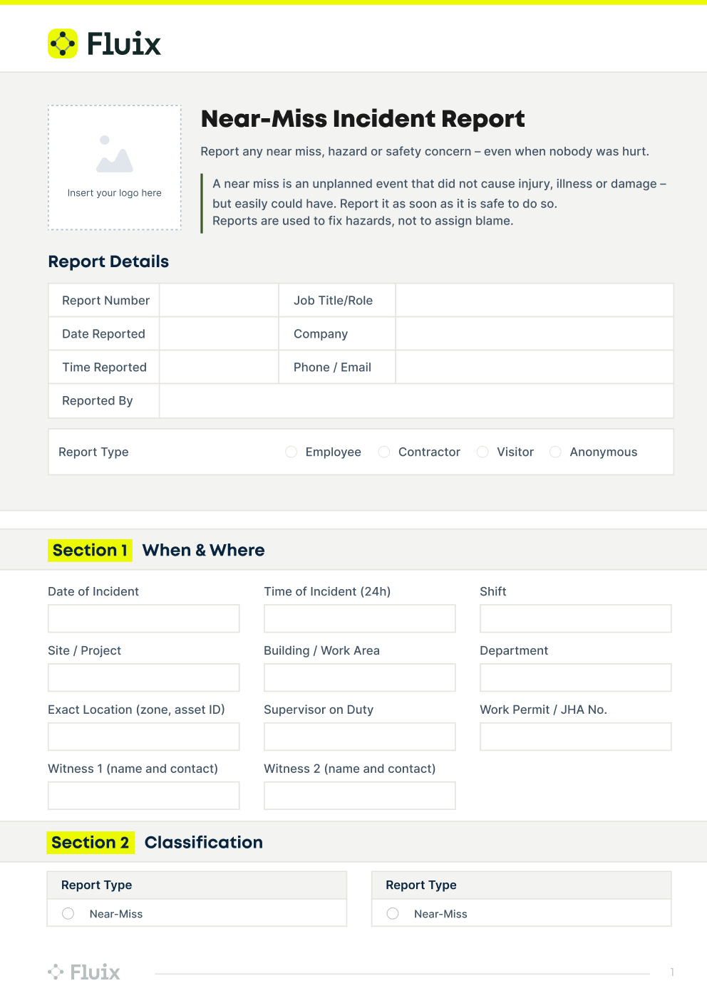 Near-Miss Incident Report checklist made in the Fluix App